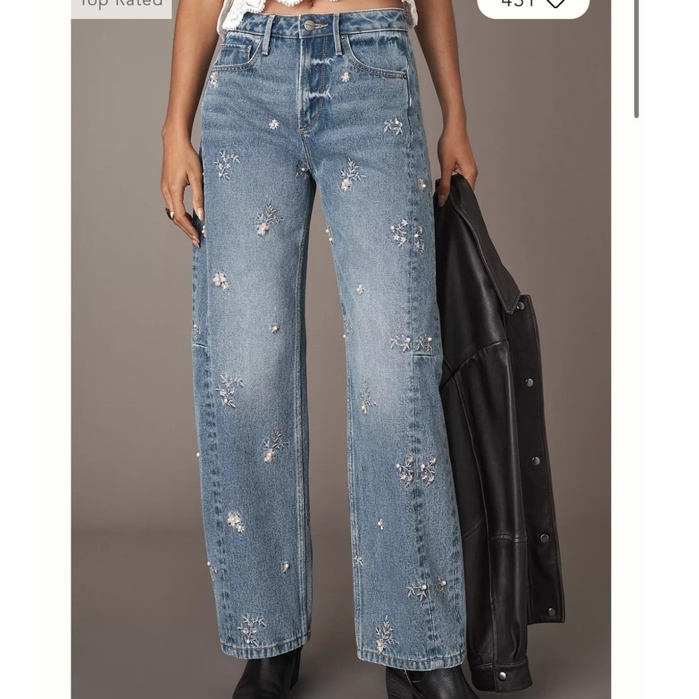 Driftwood Elaine Pearl Floral Embroidered Barrel Jeans Blue Women 34 Cottagecore